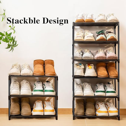 Stackable Small Shoe Rack for Closet 3 Tier, Sturdy Shoe Rack Organizer for Front Door Entrance and Entryway, Free Standing Metal Shoe Shelf Storage for Closet Bedroom Garage Black