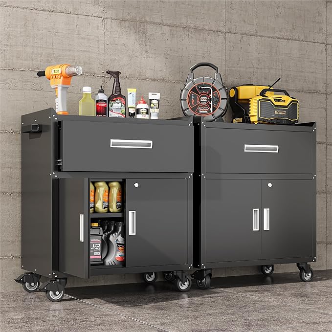 COFaR Rolling Tool Cabinet, 1-Drawer & 2-Door Metal Storage Cabinet with Adjustable Shelf, Lockable Wheels & Locking Doors, 35" H Heavy Duty Garage Tool Chest for Workshop, Garage, Office - Black