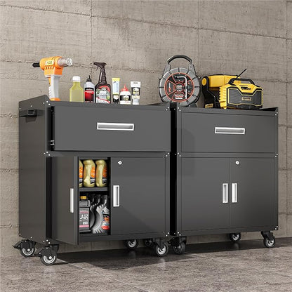 COFaR Rolling Tool Cabinet, 1-Drawer & 2-Door Metal Storage Cabinet with Adjustable Shelf, Lockable Wheels & Locking Doors, 35" H Heavy Duty Garage Tool Chest for Workshop, Garage, Office - Black