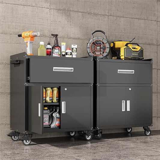 COFaR Rolling Tool Cabinet, 1-Drawer & 2-Door Metal Storage Cabinet with Adjustable Shelf, Lockable Wheels & Locking Doors, 35" H Heavy Duty Garage Tool Chest for Workshop, Garage, Office - Black