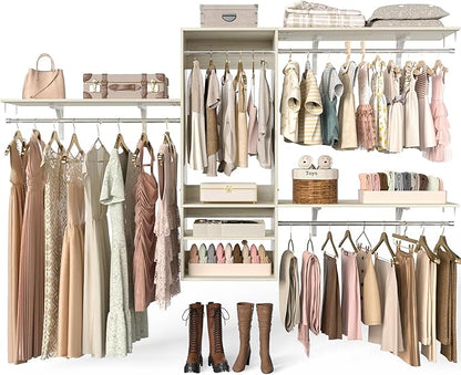 96 Inch Hanging Closet System, 8 FT Closet Organizer System with Hanging Rod, Walk In Mounted Closet System, Built-In Clothes Garment Rack with 3 Shelving Towers(Can Be Cut To Fit), Oak
