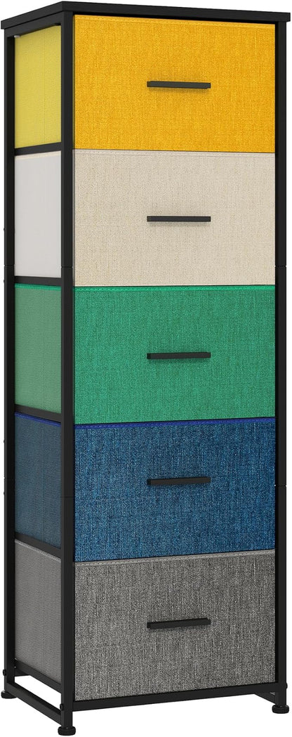 Dresser with 5-Drawer, Tall Fabric Storage Tower for Closet, Colorful Organizer Unit for Bedroom, Categorized Storage by Colors, Easy Pull Fabric Bins (Colourful)