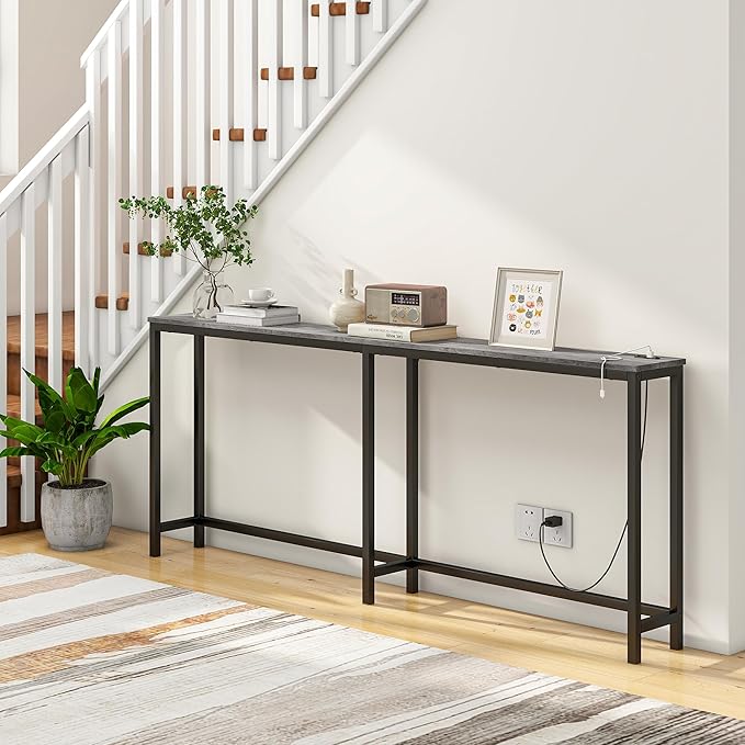 BOFENG 71.5 Inch Thin Console Table with Power Outlets,Narrow Sofa Table with Charging Station,Long Side Table Behind Sofa Couch Table for Entryway,Hallway,Living Room,Foyer,Grey