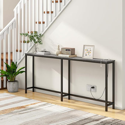 BOFENG 71.5 Inch Thin Console Table with Power Outlets,Narrow Sofa Table with Charging Station,Long Side Table Behind Sofa Couch Table for Entryway,Hallway,Living Room,Foyer,Grey
