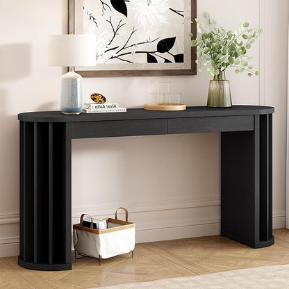 59-inch Long Console Table, Oak Veneer Sofa Table, Curved and Straight Line Design Couch, Farmhouse Entryway Table with Spacious Drawers for Entrance, Hallway, Living Room (Black-J49)