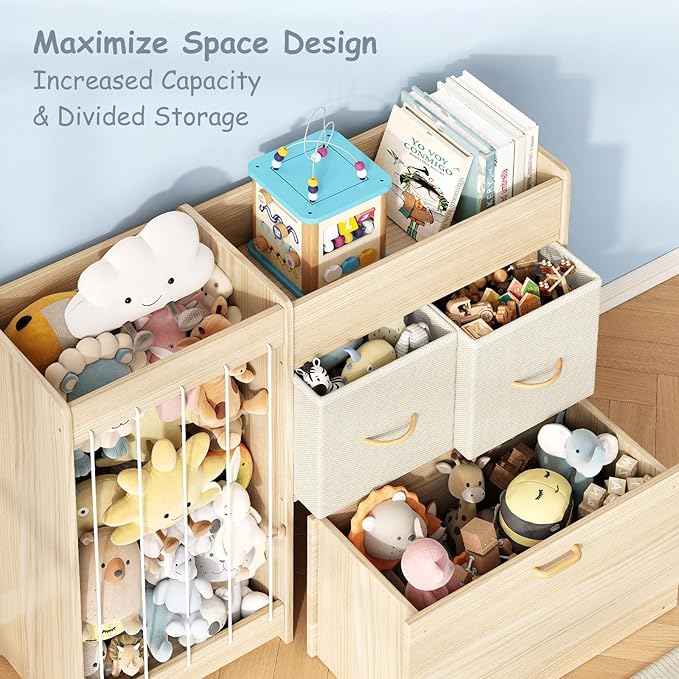 Toy Organizer and Stuffed Animals Storage, All-in-One Toy Shelf with Stuffed Animal Holder, 2 Drawers, Movable Toy Chest & Top Shelf, Solid Wood Bedroom Toy Storage Organizer