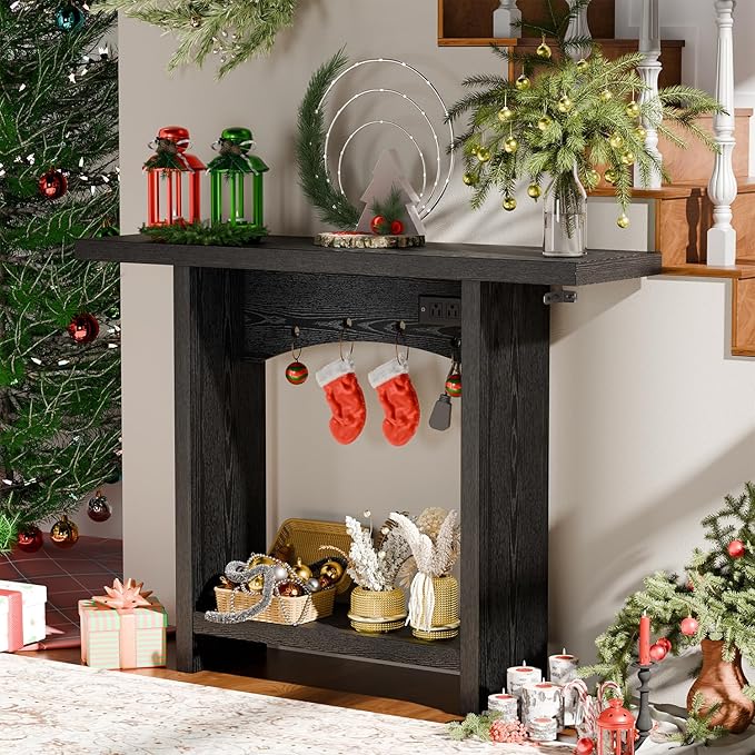 43" Console Table with Charging Station, Farmhouse Entryway Table, Entryway Table with Storage for Living Room or Foyer, Sofa Table for Hallway with Anti-Tip, Easy Assembly, Black