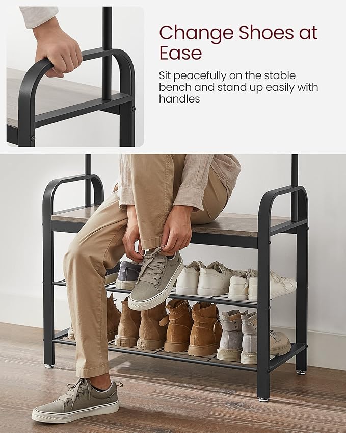 VASAGLE Coat Rack, Hall Tree with Shoe Bench for Entryway, Entryway Bench with Coat Rack, 4-in-1, with 9 Removable Hooks, a Hanging Rod, 13.3 x 33.1 x 72.1 Inches, Greige and Black UHSR400B02