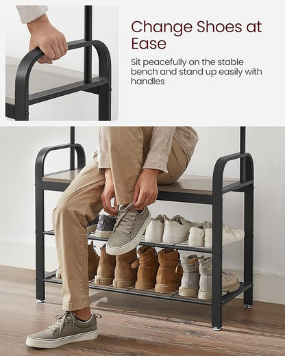 VASAGLE Coat Rack, Hall Tree with Shoe Bench for Entryway, Entryway Bench with Coat Rack, 4-in-1, with 9 Removable Hooks, a Hanging Rod, 13.3 x 33.1 x 72.1 Inches, Greige and Black UHSR400B02