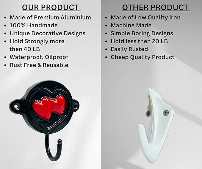 Aluminium Heart Print (1-Pack) Single Wall Hooks, Black Heart Themed Hooks for Hanging Leash, Dog Harness, Wall Mount Hanger, Organization Decorative Wall Hook (Heart)