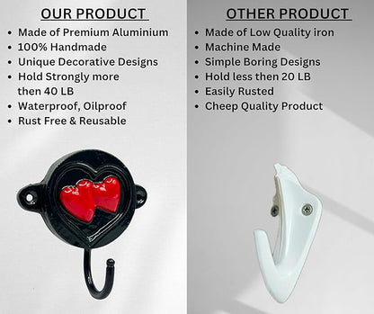 Aluminium Heart Print (1-Pack) Single Wall Hooks, Black Heart Themed Hooks for Hanging Leash, Dog Harness, Wall Mount Hanger, Organization Decorative Wall Hook (Heart)