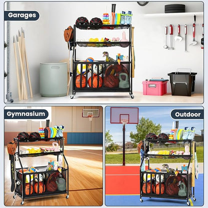 Kinghouse Garage Sports Equipment Organizer with 37 Gal Ball Storage Bin, Sports Rack with Hooks Elastic Straps for Basketball, Soccer, Tennis, Stick, Racket, Nerf Gun, Toy, Indoor, Outdoor