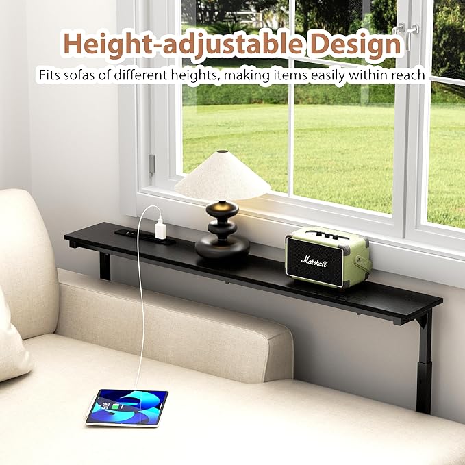 GRLEAF 39" Adjustable Height Narrow Console Table with Power Outlets, Long Sofa Table with Charging Station Behind Couch Table Skinny Entryway Table for Living Room, Hallway and Office – Black