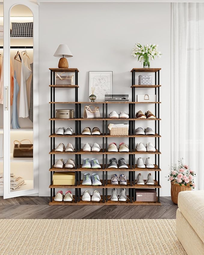 9-Tier Vertical Shoe Rack, DIY Corner Shoe Rack for Entryway, Narrow Shoe Shelf, Tall Storage Organizer, Saving Space, for Small Spaces, Entryway, Hallway, Rustic Brown and Black MXJ01BF