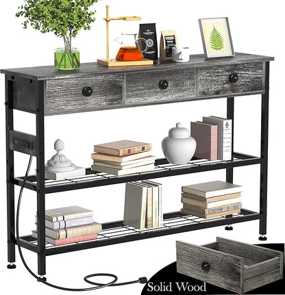 GRLEAF 47" Console Table with Outlets & USB Ports – Narrow Entryway Table with 3 Drawers and Storage Shelves, Power Strip Sofa Table for Living Room, Hallway, Kitchen, Foyer – Grey Wood Finish