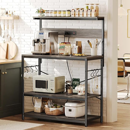 SUPERJARE Bakers Rack with Power Outlets, Microwave Stand, 39.4 X 14.3 Inch Larger Desktop, Kitchen Storage Rack with Adjustable Middle Shelf, 6 S-Shaped Hooks, Coffee Bar Stand, Grey