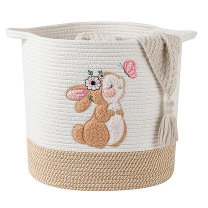 Easter Basket for Kids, Large Easter Egg Baskets Spring Gift Basket for Girls Toddlers, Toy Storage Baskets Woven Cotton Rope Storage Bins Toys Organizer Clothes Hamper for Nursery (Large, Bunny)