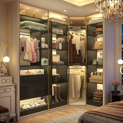 Corner Closet System with 2 Sets, 63.2" Corner Closet Organizer System with 2 Drawers + 18 Shelves + 3 Hanging Rods, Reversible L Shaped Walk-in Closets, Black (63.2" L x 39.2" W x 80" H)