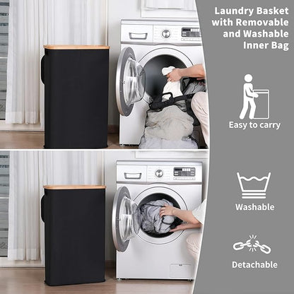 60L Slim Laundry Hamper, Narrow Laundry Basket with Lid,Foldable Clothes Hamper with Bamboo Handles,Hamper Basket with Removable Inner Bag for Laundry Room Bedroom College Dorm,Black
