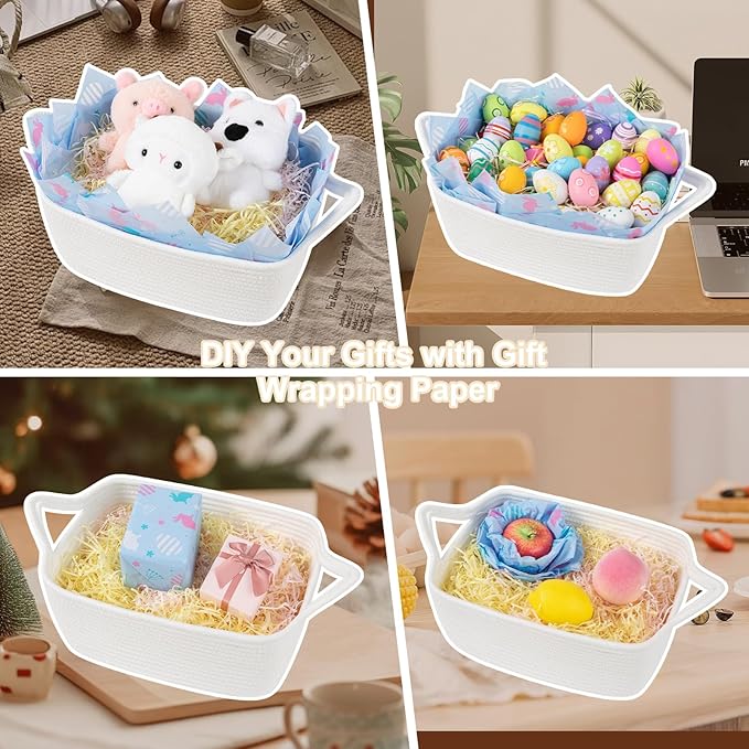 OIAHOMY 19L Woven Basket, Gift Basket Empty with Gift Bags Ribbons and Wrap Tissue Paper, Rope Baskets for Baby Showers, Storage Baskets with Handles for Nursery Pet Toy Organizer - Easter White