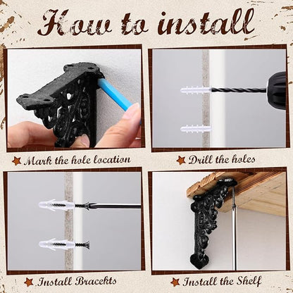 Blulu 4 Pack Antique Style Cast Iron Shelf Brackets Decorative Brackets 3 7/8" x 3 7/8" Wall Mount Shelving Bracket Heavy Duty Victorian Style Shelf(Black)