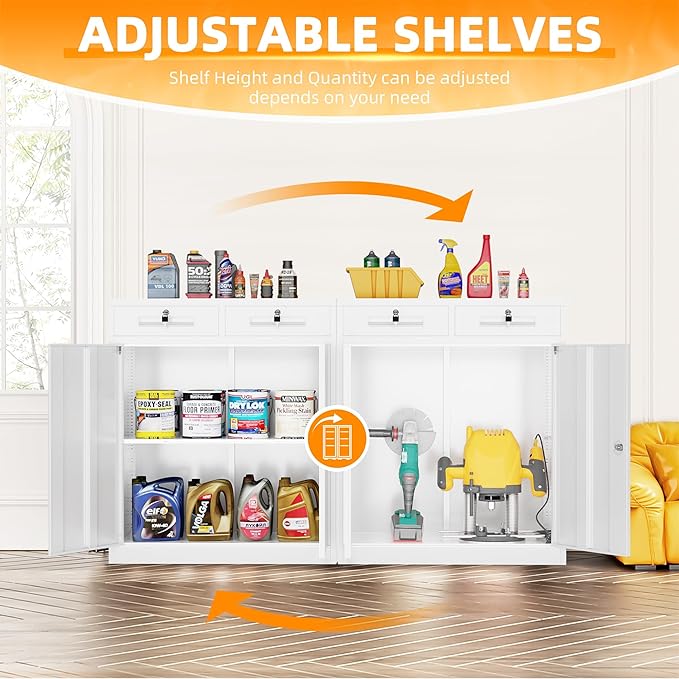 INTERGREAT Metal Cabinet with Drawers, Lockable Storage Cabinet with Doors and Shelves for Garage, White 42" 36" 18"