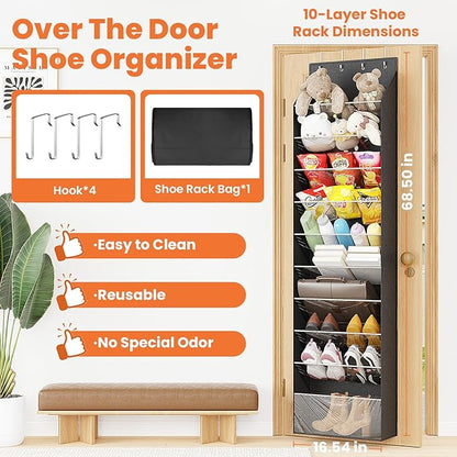 10-Tier Over The Door Organizer, Space Saving Hanging Shoes Organizer and Storage Unit, Organizer for Closet, Bedroom, Entryway, Black