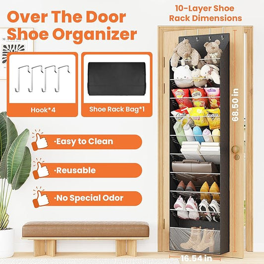 10-Tier Over The Door Organizer, Space Saving Hanging Shoes Organizer and Storage Unit, Organizer for Closet, Bedroom, Entryway, Black