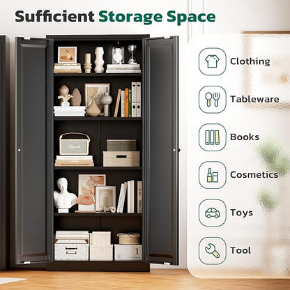 Greenvelly Metal Cabinet, 63" H Black Metal Storage Cabinet with Doors and 4 Shelves, Pantry Storage Cabinet for Kitchen, Bedroom, Living Room, Office (Modern)