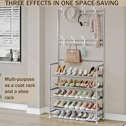 Coat Rack Shoe Rack With Storage Shelf Freestanding with 8 Hooks for Entryway Bedroom Closet 4 Tier, Grey
