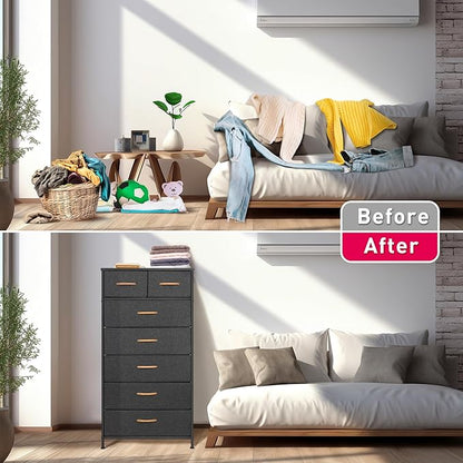 Mifuro Tall Dresser for Bedroom, Vertical Storage Organizer Tower with 7 Drawers, Chest of Drawers with Fabric Bins, Steel Frame, Wood Top for Bedroom, Closet, Entryway- Grey