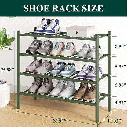 Smiry Bamboo Shoe Rack for Closet, 4 Tier Wooden Stackable Shoe Organizer, Free Standing Shoes Storage Shelf for Entryway, Front Door Entrance, Green