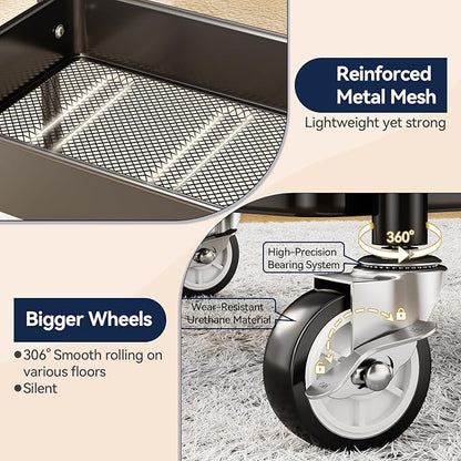 YASONIC 3 Tier Rolling Cart - Metal Utility Cart with Wheels, Hanging Cups, Hooks, Heavy Duty Mesh Rolling Storage Cart Organizer, Craft Cart for Kitchen Office, Lightweight and Sturdy