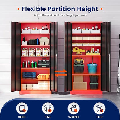 Yizosh Metal Garage Storage Cabinet with Lock Doors and 5 Shelves,- 71" Heavy Duty Steel Locking Tool Cabinet for Garage,Office,School (Red Black)