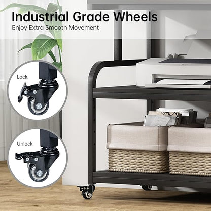 32.3" x 18.9" Extra Large Printer Stand Table with Adjustable Storage Shelf, 3 Tier Rolling Printer Cart with Industrial Wheels for Home Office, Black