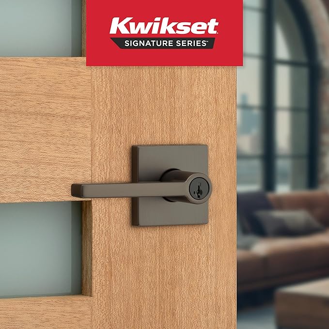 Kwikset Halifax Entry Door Handle with Lock and Key, Square Secure Keyed Reversible Lever Exterior, Doorlock, for Front Entrance and Bedrooms, Gunmetal, Pick Resistant Smartkey Rekey Security