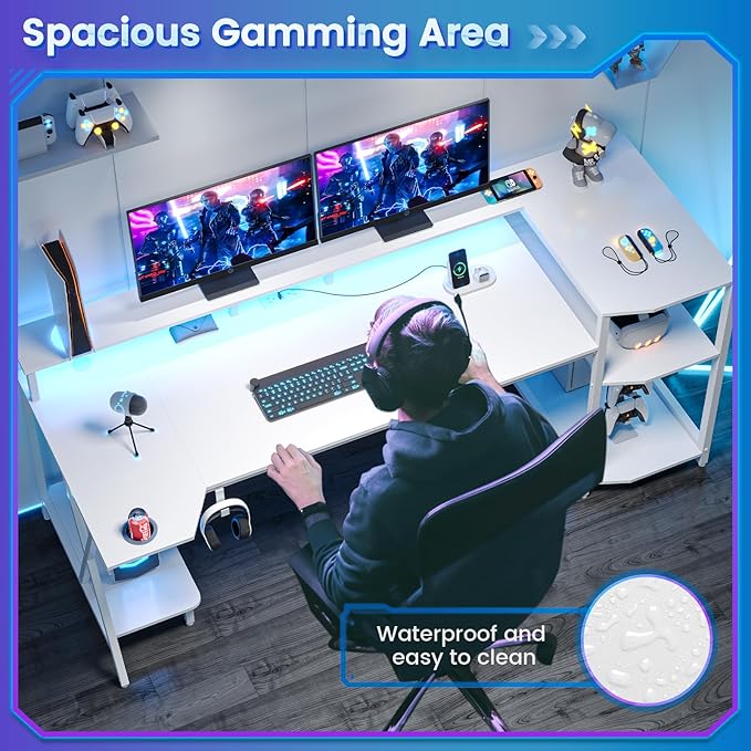 SEDETA White Gaming Desk 55'' with LED Lights and Storage Shelves, Computer Desk with Monitor Stand, Power Outlets and Cup Holder, Large PC Gamer Desk, Gaming Table for Bedroom, Living Room