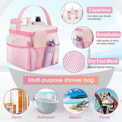 Attmu 2 Pack Mesh Shower Caddy Portable for College Dorm Room Essentials with 8 Pockets, Hanging Shower Caddy Dorm Basket, Quick Dry Shower Bag for Bathroom