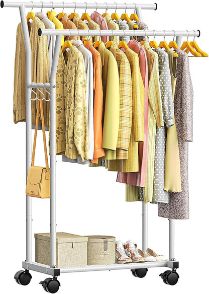 Luxspire Double Rods Clothes Rack for Hanging Clothes, Rolling Clothing Rack with Side Hooks, Bottom Shelves, 360° Wheels, Garment Racks for Bedroom, Laundry, Living Room, White