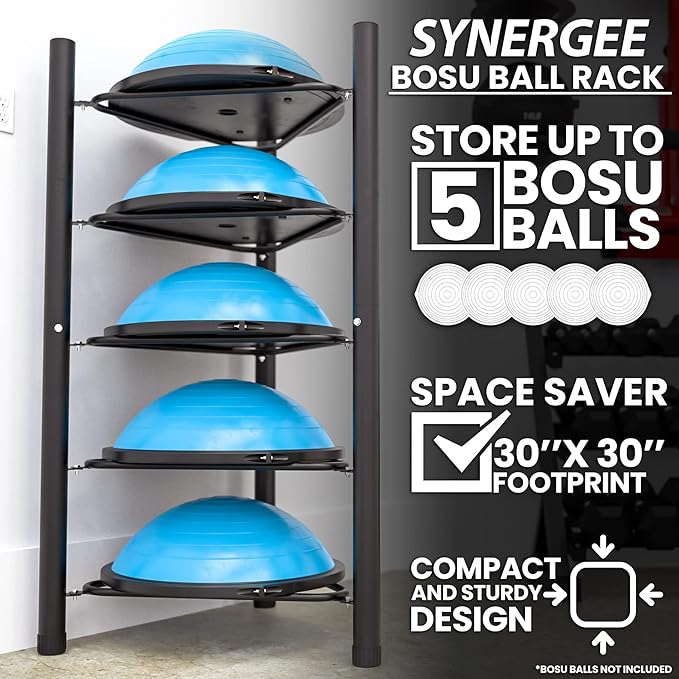 Synergee Exercise Ball Rack. Holds up to 5 Exercise Balls for Home, Commercial and Garage Gym Organization. Free Standing Storage Rack for Exercise Balls.