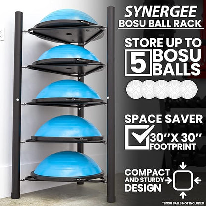 Synergee Exercise Ball Rack. Holds up to 5 Exercise Balls for Home, Commercial and Garage Gym Organization. Free Standing Storage Rack for Exercise Balls.