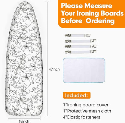 Ironing Board Cover and Pad, 18x49 Extra Wide Thick Iron Padding, Scorch & Stain Resistant Ironing board cover, Heavy Duty Iron Board Padded with Adjustable Fasteners Elastic Edge, Floral White