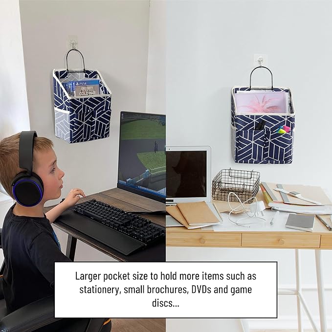 2pcs Wall Hanging Storage Bag, Small Door Closet Linen Fabric Pockets Organizer, Waterproof Multi Functional for Living Room Bedroom Bathroom Kitchen RV Camper with Hooks Pattern Navy