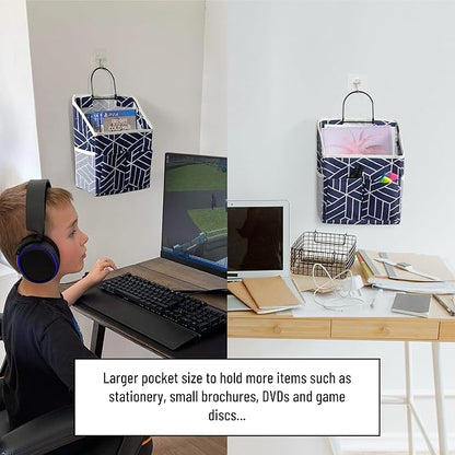 2pcs Wall Hanging Storage Bag, Small Door Closet Linen Fabric Pockets Organizer, Waterproof Multi Functional for Living Room Bedroom Bathroom Kitchen RV Camper with Hooks Pattern Navy