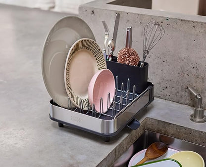Joseph Joseph Extend Slim Steel Expandable Dish Drying Rack with Removable Cutlery Holder and Swivel Draining Spout, Compact Design, Grey