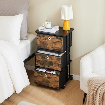 MAX Houser Dresser Storage with 3 Drawers, Fabric Tower Nightstand, Chest of Drawers,Vertical Storage Unit Organizer for Closets,Bedroom,Dorm, Wood Top, Rustic Brown Wood Grain Print