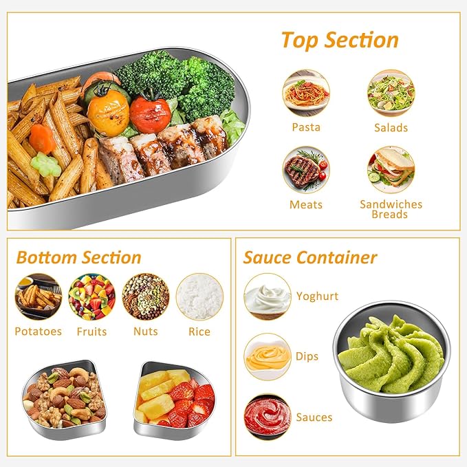 Stainless Steel Bento Box, Stackable & Leakproof Lunch Box, 3 Compartment Food Storage Containers，Microwave/Dishwasher Safe Bento Lunch Box for Work/Travel