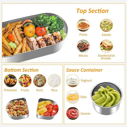 Stainless Steel Bento Box, Stackable & Leakproof Lunch Box, 3 Compartment Food Storage Containers，Microwave/Dishwasher Safe Bento Lunch Box for Work/Travel