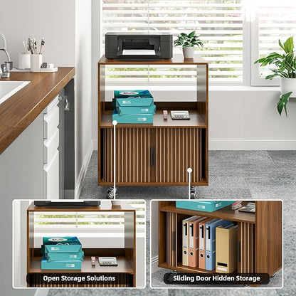 Printer Stand with Storage, File Cabinets with Sliding Doors, Rolling Printer Cart Under Desk with Open Storage Shelf for Home Office, Workspace (Walnut, 23.62" L)