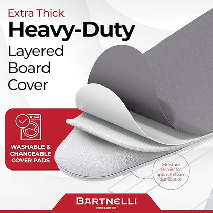Bartnelli Extra Wide Pro Ironing Board 19x48 Ironing Surface with Iron Rest, Cord Holder, Shelf and 4 Layer Heat Resistant Cover and Pad